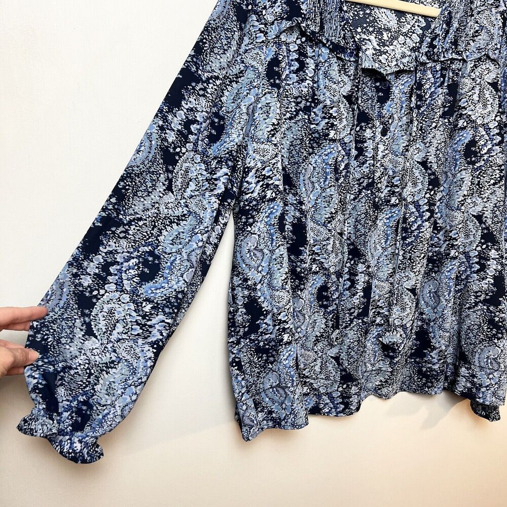Joie Blue Parisian Paisley Long Sleeve Quarter Button Blouse Top Sz XL - Picture 5 of 12